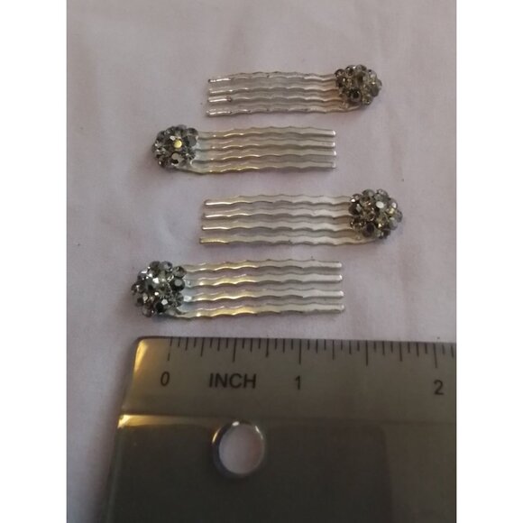 Set Of 4 Vintage Silver Tone Metal Hair Pins Combs With Rhinestone Floral Design - Picture 3 of 3
